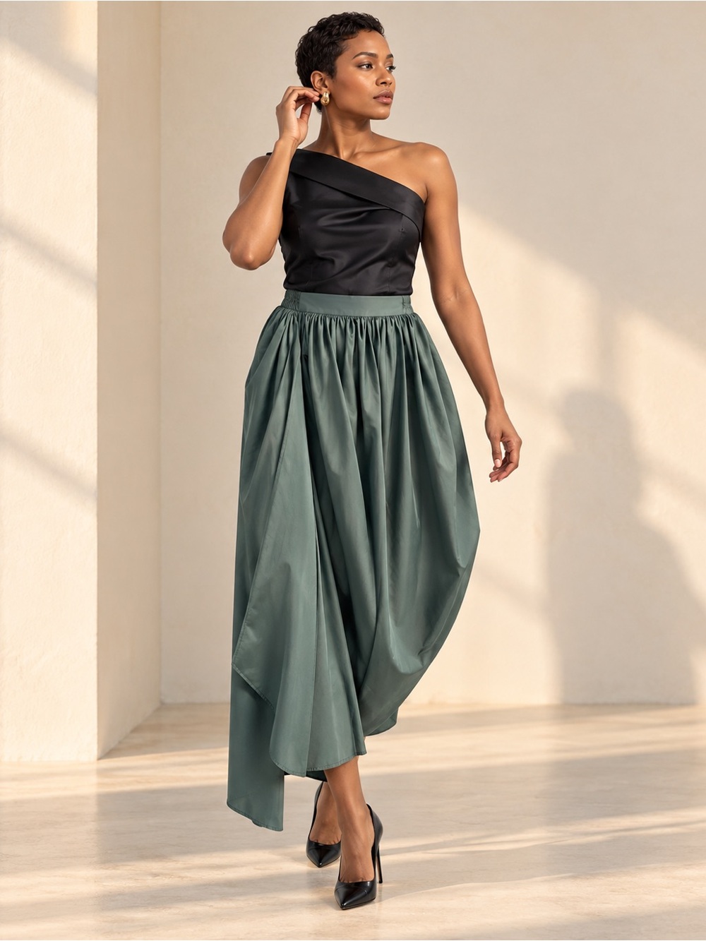 Adolfo Dominguez Sage Green Convertible Asymmetric Draped Skirt EU 38 / US 6